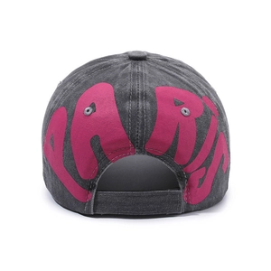 Washed dark grey baseball cap featuring pink PARIS embroidery and adjustable back strap