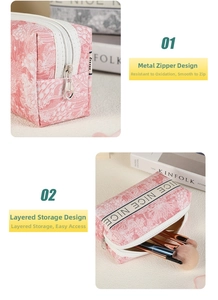 Detail of pink floral makeup bag showing large capacity and smooth metal zipper closure