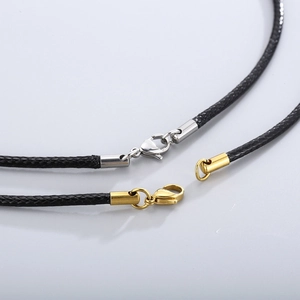 Braided black leather cord necklace with gold and silver lobster clasps for pendants