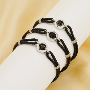Men's 3-piece braided leather bracelet set with stainless steel nautical charms