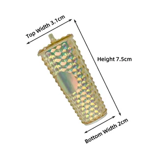 Detailed dimensions of a holographic studded mini tumbler keychain with straw