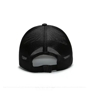 Rear view of black mesh sun hat with breathable fabric and adjustable snap closure