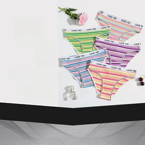 Detail of five-pack colorful rainbow striped cotton panties with I LOVE YOU waistband