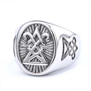 Men's vintage stainless steel devil ring with silver relief symbols on white background