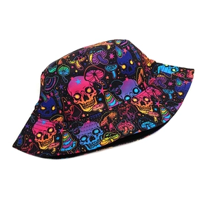 Detail of double-sided bucket hat with psychedelic skull and mushroom print pattern