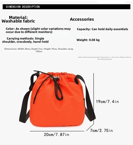 Detailed size specifications of orange drawstring bucket bag with dimensions and weight info