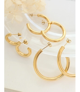Close-up of chunky gold hollow hoop earrings in three sizes on a glass tray with dried flowers