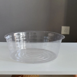 Close-up of a clear plastic plant basket liner with round base and concentric patterns