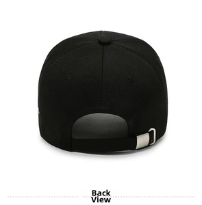 Rear view of black canvas baseball cap showing adjustable silver metal sliding buckle strap