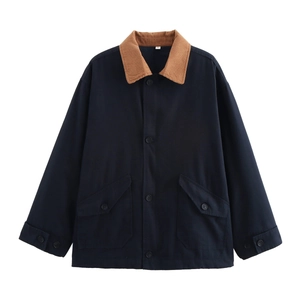 Women's dark blue color-block jacket with brown corduroy collar and button closure