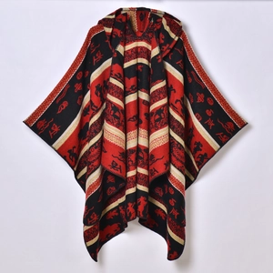 Ethnic hooded poncho for women featuring red and black knit jacquard patterns for winter warmth