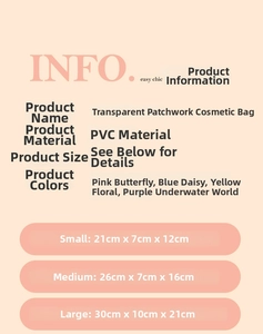 Detailed size chart for macaron print waterproof PVC toiletry bags in S, M, and L sizes