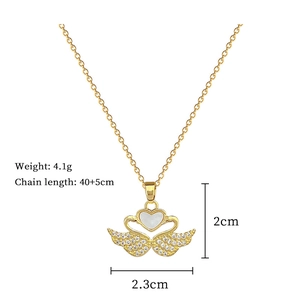 Detailed specs of swan necklace with white gems, 40+5cm chain length and 4.1g weight