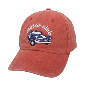 Kids vintage red baseball cap with blue motor club car embroidery on front side