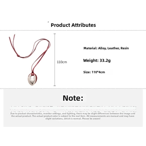 Detail view of leather water drop pendant necklace with 110x4cm size and 33.2g weight