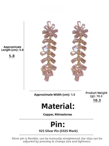 Detail view of pink rhinestone fishbone earrings with S925 silver needle size measurements