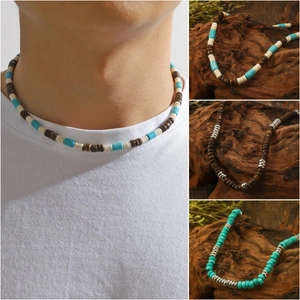 Men's Beaded Necklace Vintage Bohemian Wood Turquoise Metal Beads Handmade Ethnic Choker Jewelry For Men