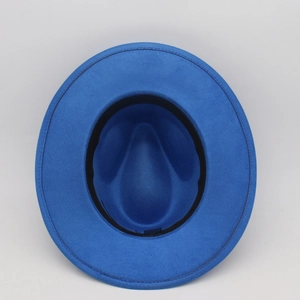 Top view of blue fedora interior showing the black sweatband and wide brim detail