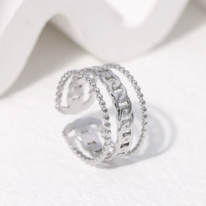 Adjustable silver chain ring in stainless steel with multi-layer interlocking link design