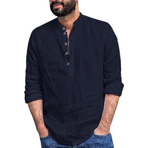 Detail view of navy blue cotton linen Henley shirt with button placket and collar