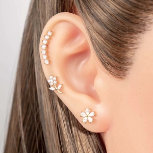 Gold stainless steel cartilage earrings set featuring butterfly and flower zircon designs