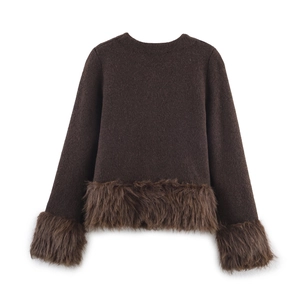 Chic dark brown knit jacket featuring luxurious faux fur trim on sleeves and hem