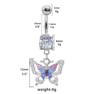 Spécifications détaillées de taille pour piercing de nombril papillon avec dimensions