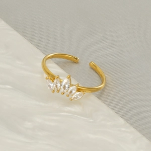 Golden crown-shaped stainless steel ring with zircon stones for women in a professional shot