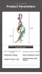 Detailed size specifications of a colorful metallic dinosaur skeleton keychain accessory