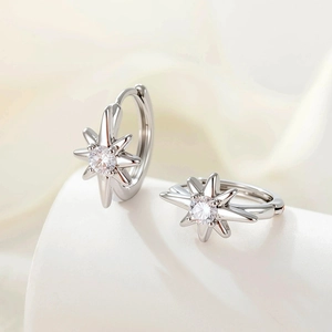 Starburst Star Hoop Earring Cartilage Piercing Copper Inlaid With Round Cubic Zirconia Dainty Jewelry For Women