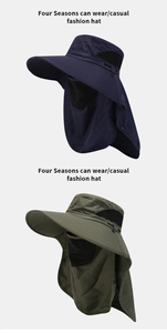 Detail of outdoor sun hats with removable face masks and neck flaps in navy and army green