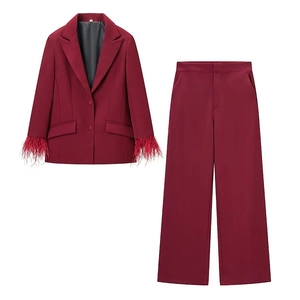 Elegant Women Blazer And Pants Feather Trim Cuffs Loose Fit Solid Color Burgundy Long Sleeve Office Lady Outfit
