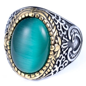 Vintage men's stainless steel ring with green cat eye stone and gold flame accents