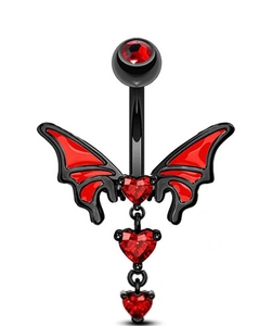 Detail of black metal navel ring with red bat wings and three heart-shaped gemstone charms