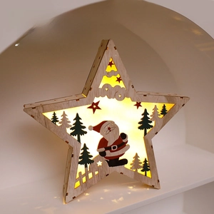 Wooden Christmas star lamp with warm LED light featuring Santa Claus and forest cutouts