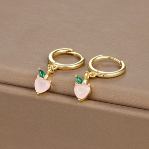 S925 gold heart earrings with pink zircon peach pendant and green leaf accents
