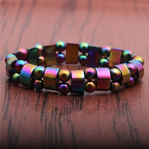 Rainbow hematite beaded stretch bracelet with magnetic semi-spheres for men