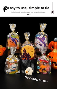 Detailed view of Halloween theme transparent candy gift bags with cartoon prints