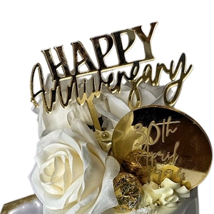 Golden mirror acrylic Happy Anniversary cake topper set with custom date on white roses