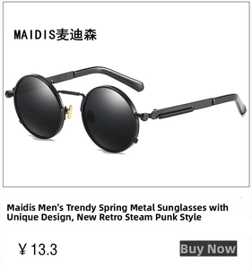 Detail view of round steampunk sunglasses with metal spring temples and black lenses