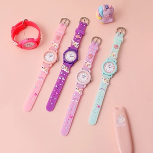 Detail of five 3D unicorn silicone wristbands with rainbow reliefs on colorful kids watches