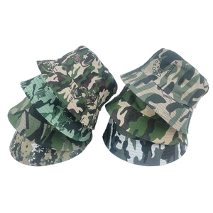 Close-up of various camouflage patterns on quick-dry outdoor bucket hats with detailed stitching