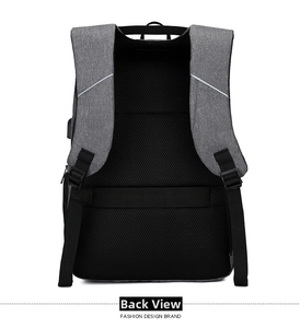 Men's laptop backpack back view with USB port, breathable mesh, and luggage strap feature