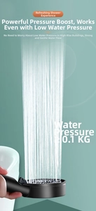 Detail view of matte black high pressure shower head with powerful spray and dense water holes