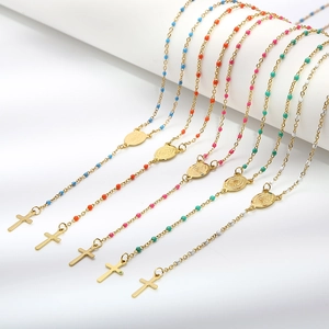 Bohemian titanium steel rosary necklace set with resin beads and crucifix charms