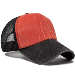 Vintage red and black mesh baseball cap with washed canvas and breathable design