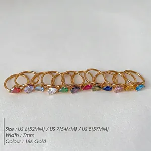 Polished 18K gold plated stainless steel rings featuring colorful pear-cut zircon stones