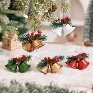 Christmas bell ornaments with pine cones and needles in gold green red and white
