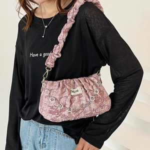 Women Pleated Cloud Shoulder Bag Ruched Underarm Handbag With Silver Flower Metal Chain Trendy Fashion