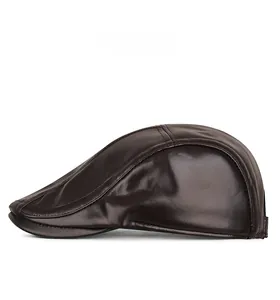 Side view of dark brown PU leather flat cap showing fine stitching and smooth finish